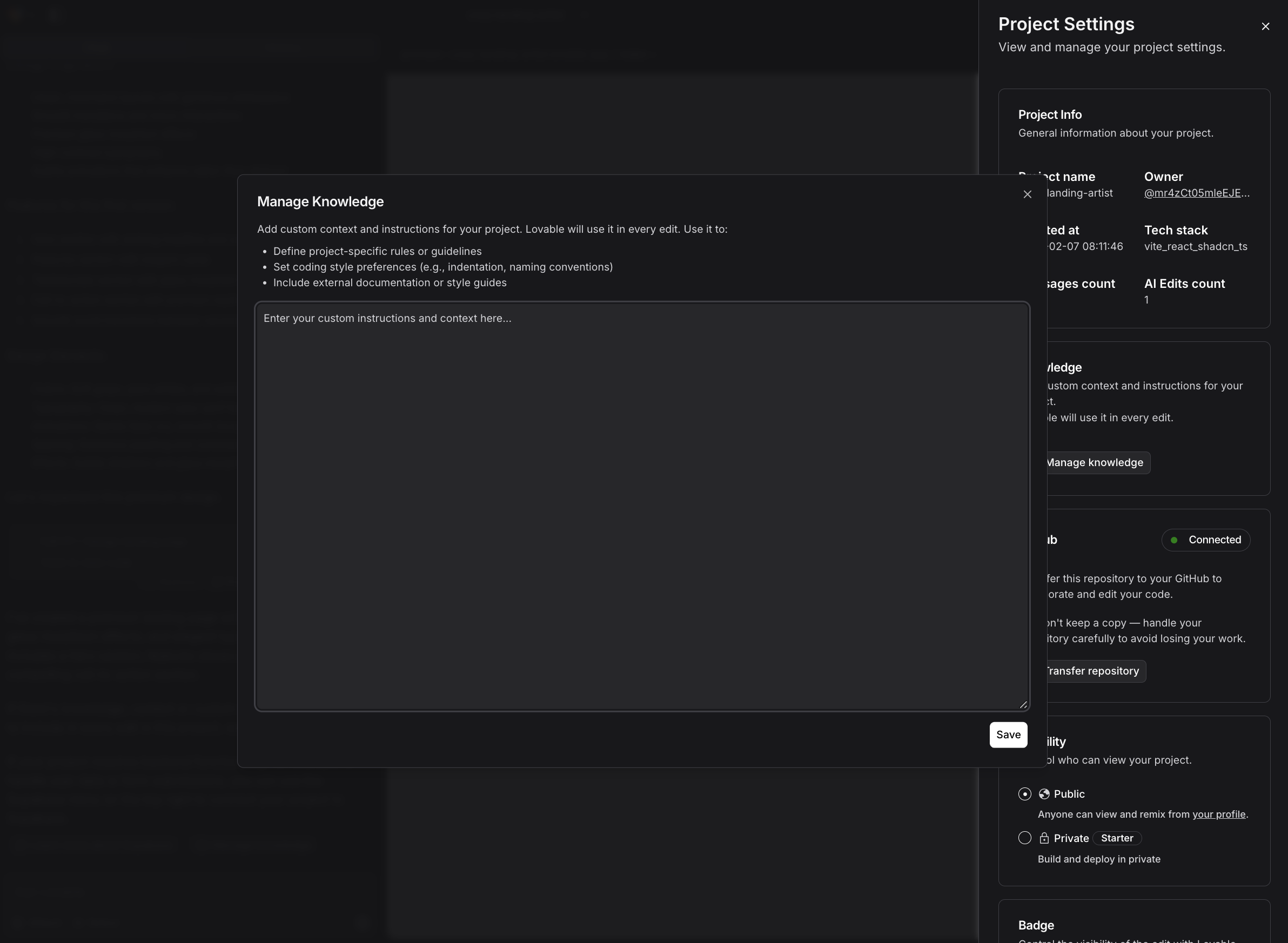 Knowledge prompt on Lovable